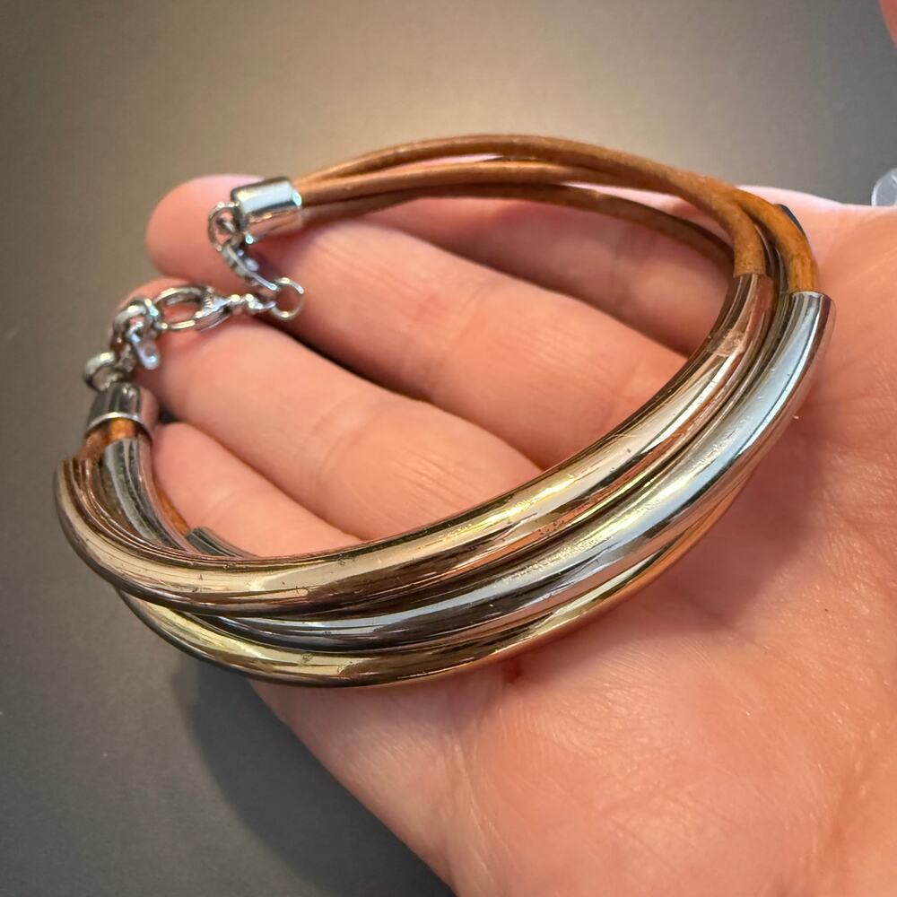 FOSSIL Brown Leather Mixed Metal Bracelet & LOFT Earrings - Picture 6 of 6